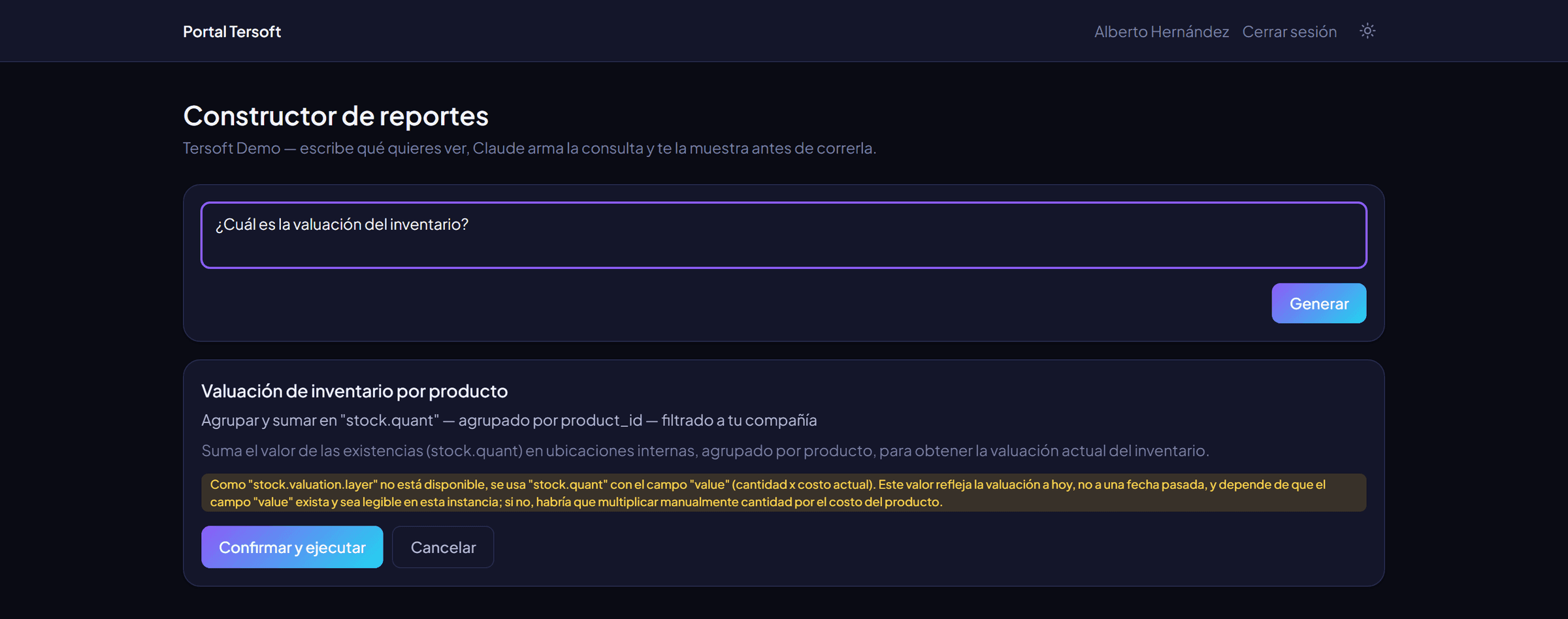 El Constructor de reportes propone la consulta antes de ejecutarla, y advierte que el campo de valuación depende de que exista en esa instancia de Odoo